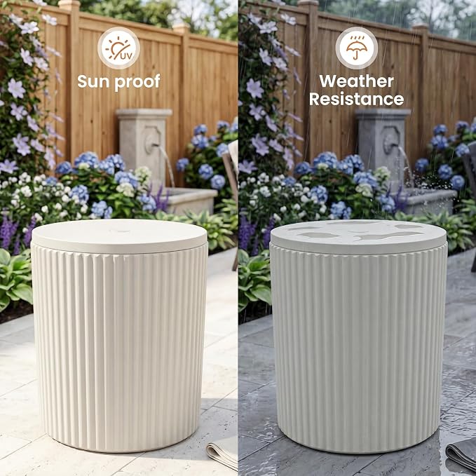 HOMPUS Umbrella Side Table, Outdoor Patio Table with Umbrella Hole, Round Patio Stand for Porch, Poolside & Garden, Composite Material, Modern Coffee End Table, Easy Assembly, White