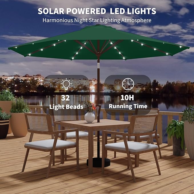 Kingdura 10FT Outdoor Patio Umbrella with Solar Lights, Market Table Umbrella with Push Button Tilt & Crank, 8 Sturdy Ribs, 32 LED Lights, UV Protection for Garden Lawn Deck Backyard Pool (Dark green)