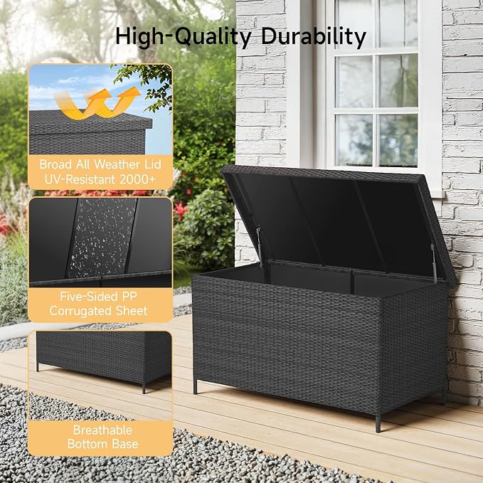 ONBRILL 158 Gallon XL Deck Box with Lid, All Weather Wicker Outdoor Storage Box Waterproof, Large Outdoor Patio Storage Bin for Cushions, Garden Tools, Gears, Black