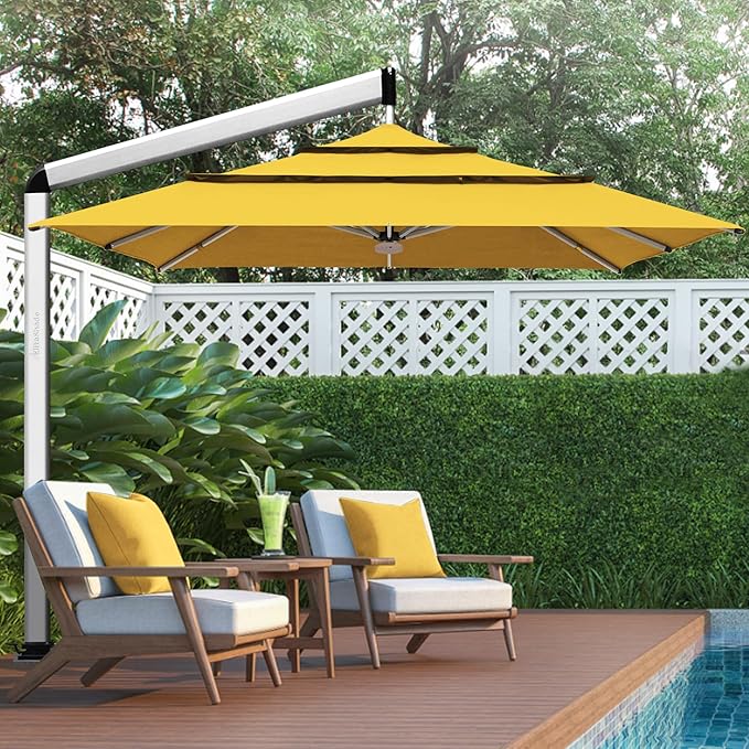 EliteShade USA Atlas 3-Tier 10x10FT Full Aluminum Cantilever Patio Umbrella for Outdoor Restaurant Garden Courtyard Deck Pool and Marketing with Light (No battery), Sunflower Yellow