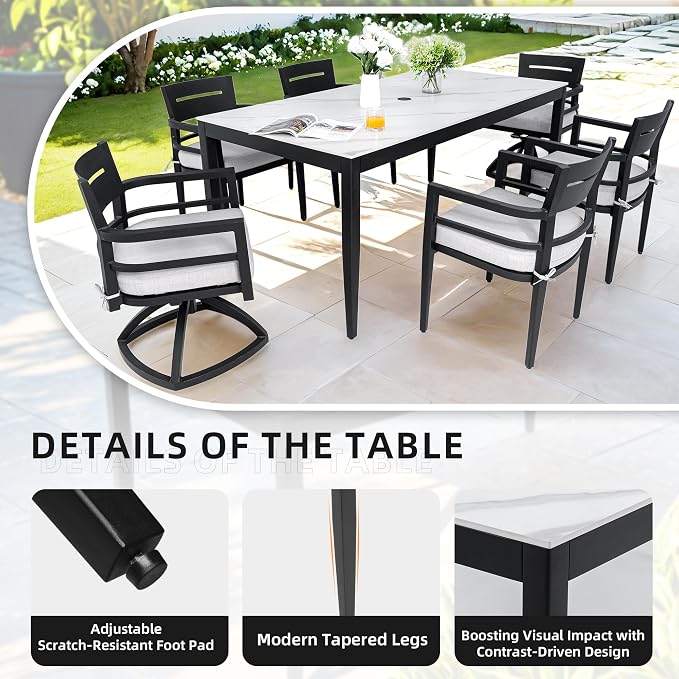 Outdoor Aluminum Marble Dining Table for 6-8, 71” Luxury Patio Table with White Sintered Stone Top, Post Tapered Legs for Garden, Lawn, Weatherproof & Rust-Free