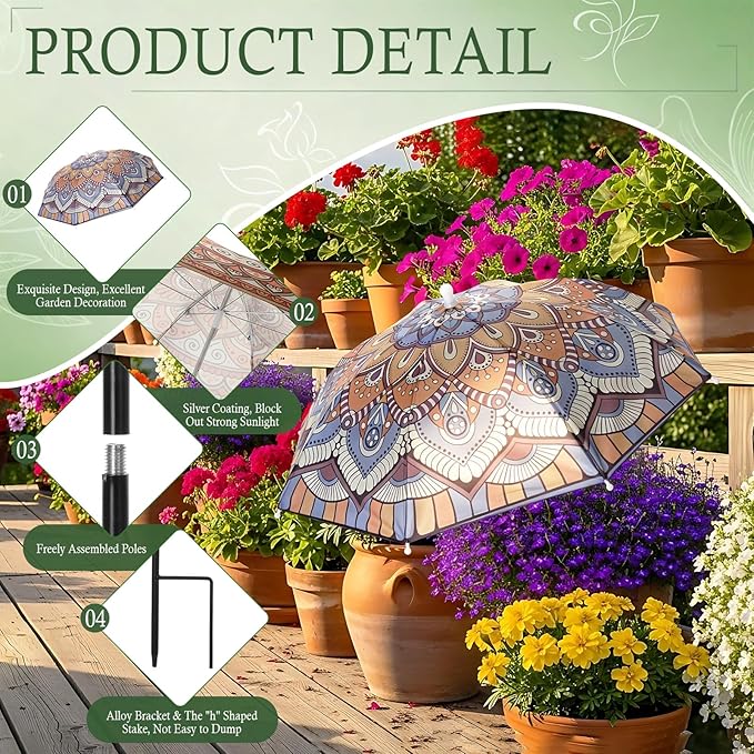 Hillban 6 Pack Plant Shade Umbrellas for Outdoor Plants 23.6" Large Garden Umbrella Shade for Potted Flower with Adjustable 40" H Sunshade Cover for Patio Garden Bed Flowers(Mandala)