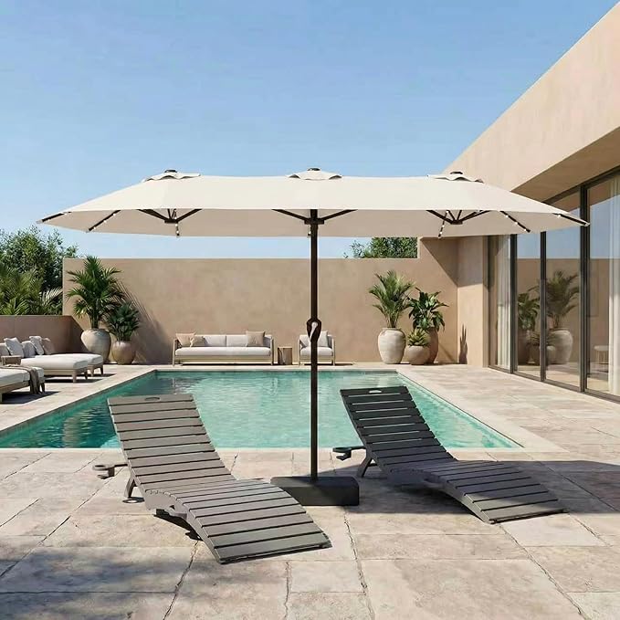 15FT Patio Umbrella with Solar Lights, Double-Sided Extra Large Outdoor Table Umbrella with Base Included, Heavy-Duty 12 Iron Ribs Market Umbrella for Garden, Pool, Backyard, Creamy White