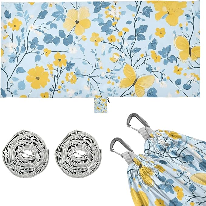 Multi-Small Flowers Butterflies Yellow and Light Blue 330lb Capacity Camping Hammocks with Hanging Rope Swing Hammock for Indoor Outdoor Patio accesorios para Camping