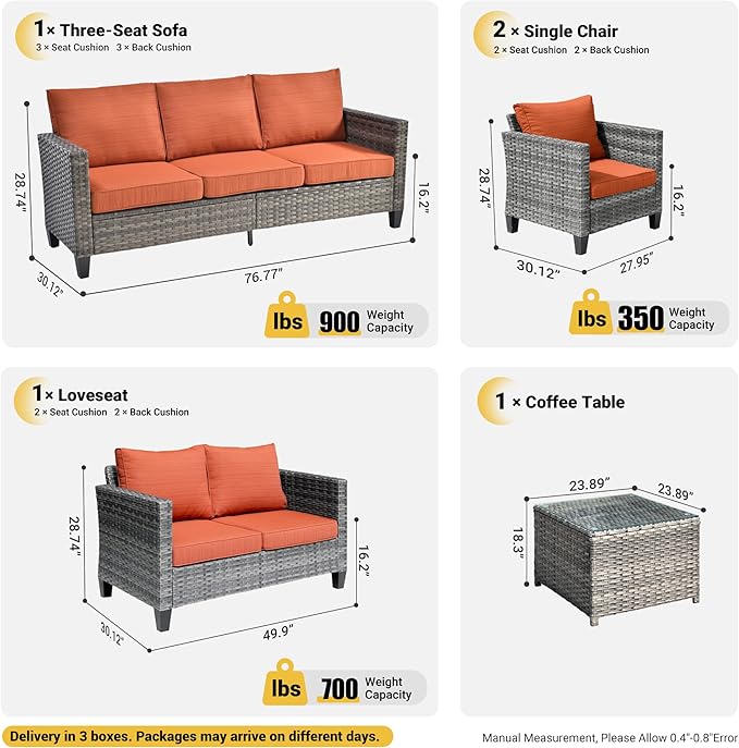 ovios 5 Pieces Patio Furniture Set, Outdoor Wicker Rattan Sofa Couch with Loveseat, Chairs, Glass Coffee Table, Conversation Sets for Yard Porch Garden, Orange Red