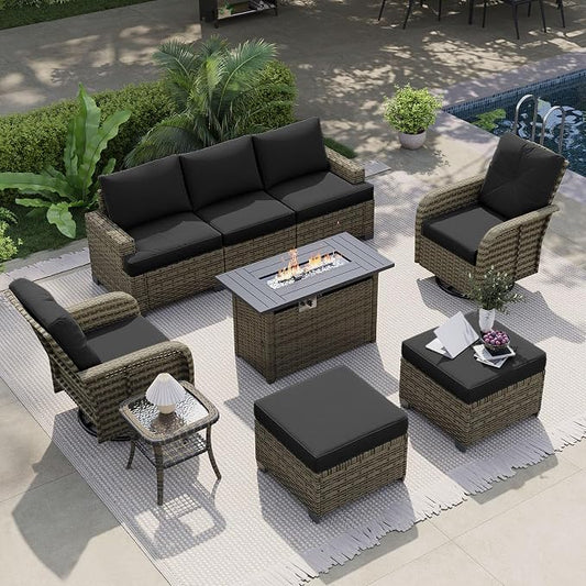 LET'S PATIO Luxury Patio Furniture Set with Fire Pit Table，9 Piece Outdoor Furniture Sectional Set with Swivel Rocker Chairs of 2，All-Weather Patio Sectional Sofas with Thickened Cushions, Black