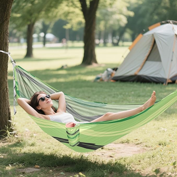 Qilmy Green Black Lines Camping Hammock Single – 330 lbs Capacity, Lightweight with Tree Straps & Carabiners, Portable for Hiking, Travel, Backpacking