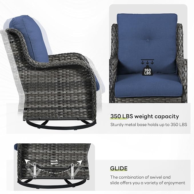 Outdoor Swivel Rocker Patio Chairs Set of 4 with Sofa - 5" Thick Cushion 4 Piece Furniture Set with Sofa All Weather Wicker Conversation Set for Porch Deck - Grey-Blue
