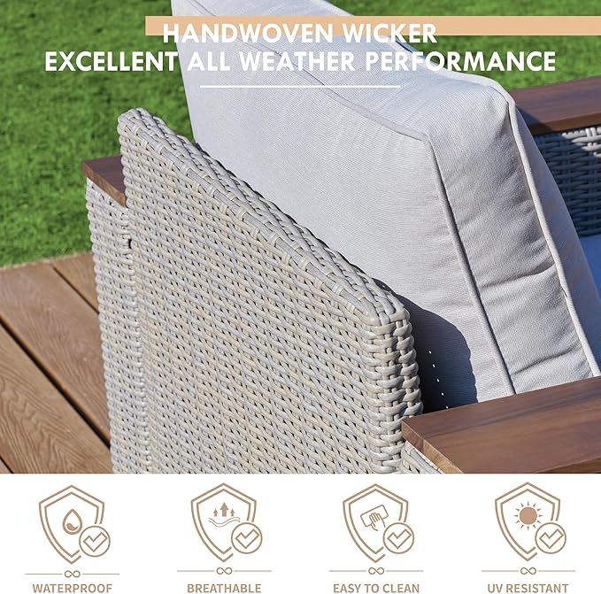 PaPaJet 4 Piece Outdoor Patio Furniture Set, Rattan Wicker Sofa Set, Patio Conversation Sets with Washable Cushions for Lawn Backyard Garden, Beige(63" x2)