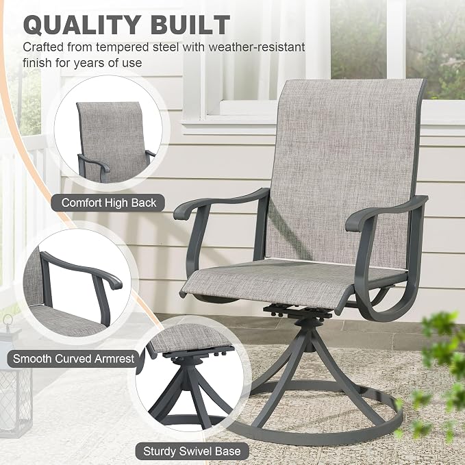 VICLLAX 9 Pieces Outdoor Patio Dining Set, 60" Round Wrought Iron Metal Outdoor Table with Umbrella Hole and 8 Swivel Textilene Chairs for Lawn,Garden,Porch,Dark Grey/Grey