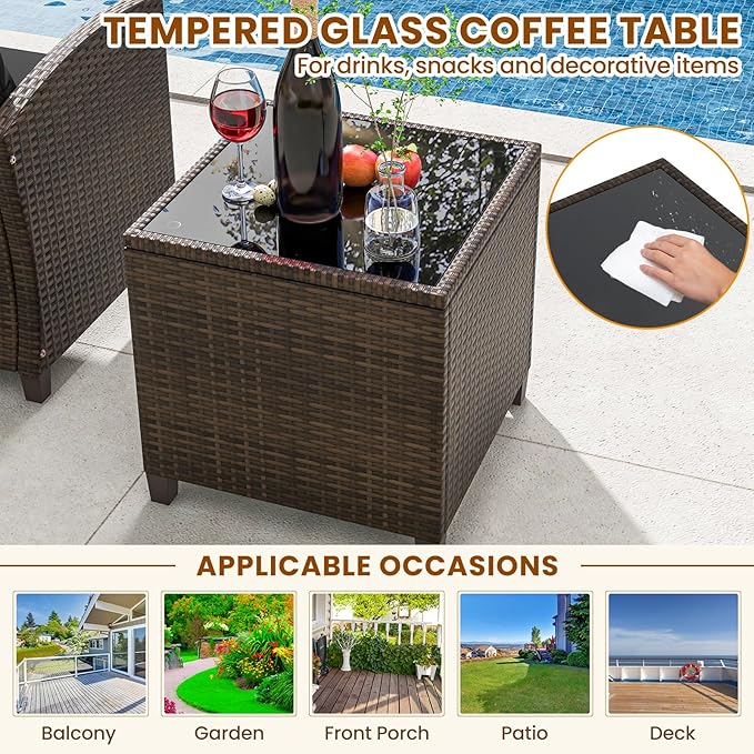 ORALNER 5 Pieces Patio Furniture Set with Ottoman, Wicker Conversation Set w/Cushions, Glass Coffee Table, Outdoor Rattan Lounger Chairs Bistro Set for Porch Balcony Garden Deck Poolside (Black)