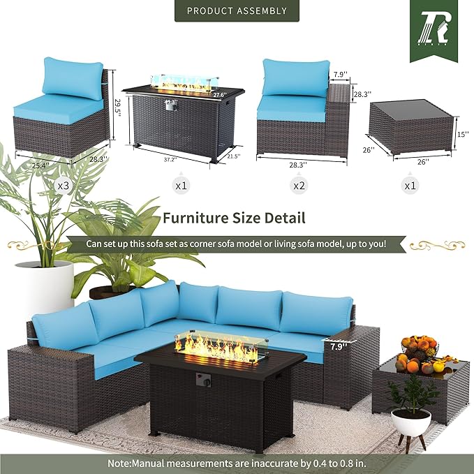 7 PCS Outdoor Patio Furniture Set,Outdoor Sectional Furniture with 43" 55000 BTU Gas Propane Fire Pit Table,All Weather PE Rattan Wicker Patio Conversation Set,Turquoise Blue