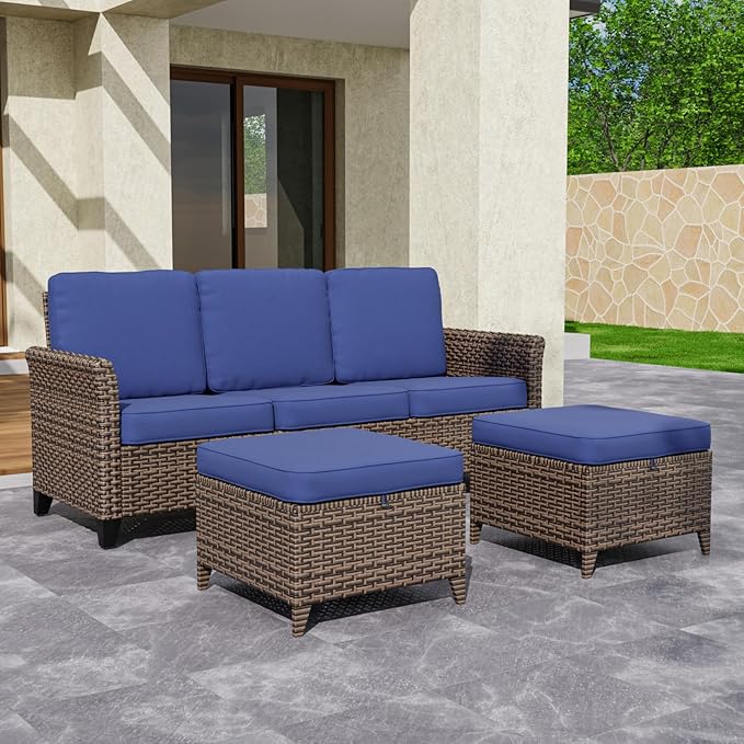 COOS BAY Harbor Retreat 3 Piece Outdoor Furniture Set, Patio Conversation Set with 3 Seat Couch and Ottomans, Wicker Furniture, Brown/Blue