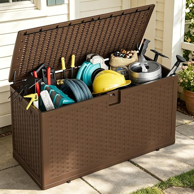 Patikuin 73 Gallon Outdoor Resin Deck Storage Box with Hydraulic Soft-Close Lid, Waterproof Lockable Patio Organizer, Rattan Pattern, Brown