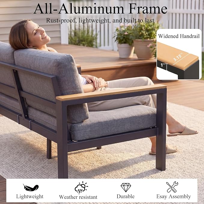Aluminum Outdoor Loveseat, 2-Seat Patio Furniture Loveseat with 1.5mm Powder-Coated Frame, Anti-Hot Armrest & Waterproof Removable Cushions, Weather Resistant Outdoor Sofa for Backyard Porch Gray