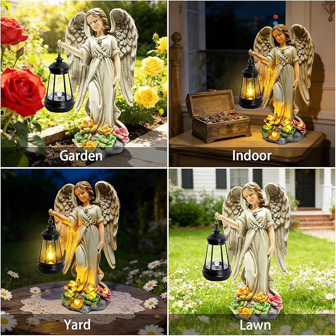 Solar Garden Statue Angel Figurine - 11.8 Inch Fairy Garden Angel Decor with Hanging Solar Lanterns and Succulent LED Lights for Balcony Patio Lawn Yard Ornaments, Mothers Day Gifts for Women Mom