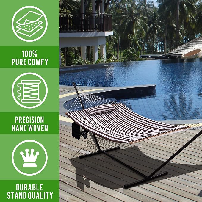 Lazy Daze Hammocks Double Hammock with 12 ft Steel Stand, 2 Person Cotton Rope Hammock with Quilted Pad, Spreader Bars, Detachable Pillow, Mag Bag & Cup Holder, Brown/White Stripe