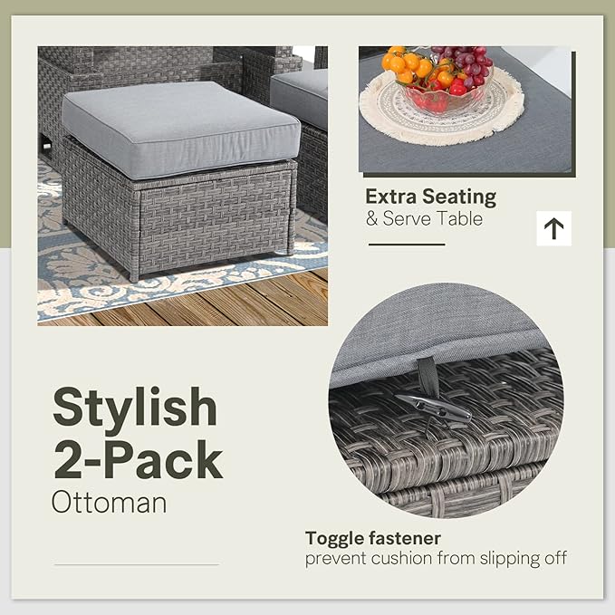 SUNSITT Outdoor Patio Furniture Set 7 Piece Wicker Conversation Set with Lift Coffee Table Sectional Dining Set 3 Seat Sofa Couch with Loveseat Ottoman, Grey Wicker & Grey Cushion