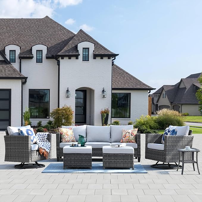 HOOOWOOO Wicker Patio Conversation Sets,6 Piece Outdoor Furniture Set with Swivel Rocking Chairs,All Weather Resistant Modern Outside Out Door Rattan Couch Chairs Side Table Set,Light Gray