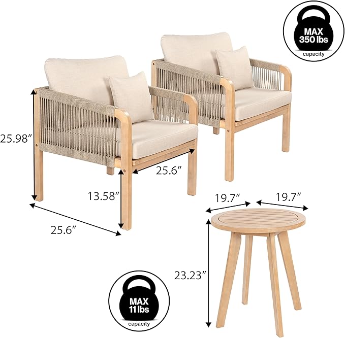 JONATHAN Y LVG1204A-3SET Aveiro 3-Piece Modern Bohemian Roped Corner Acacia Wood Conversation Outdoor Patio Set with Cushions for Patio, Garden, Lawn, Backyard, Deck, Beige/Light Teak