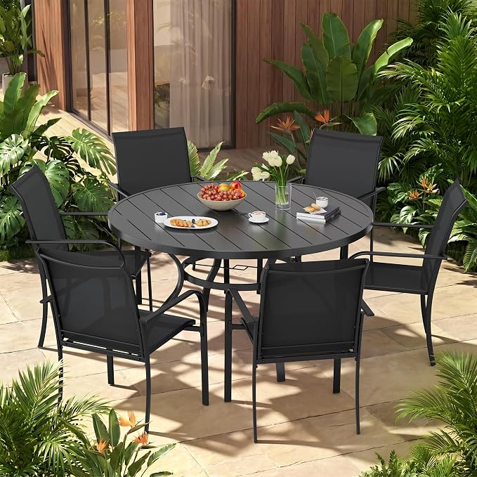 7-Piece Patio Dining Set,6 Person Outdoor Table and Chairs Set, 6 Metal Dining Chairs and Round Outdoor Table with 1.57" Umbrella Hole,Black