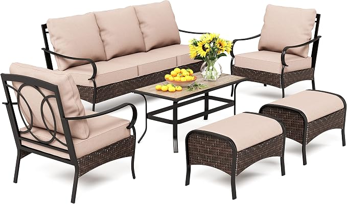 PHI VILLA Outdoor Patio Furniture Set，Premium Rattan Wicker Metal Patio Conversation Sets for Backyard w/Coffee Table, Seat Cushions