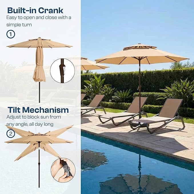 Patio Umbrella, 2 Tier Outdoor Table Umbrella, Large Vented Market Umbrellas with Push Button Tilt and Crank, 8 Sturdy Ribs for Backyard, Deck, Pool, UPF50+ UV Protection