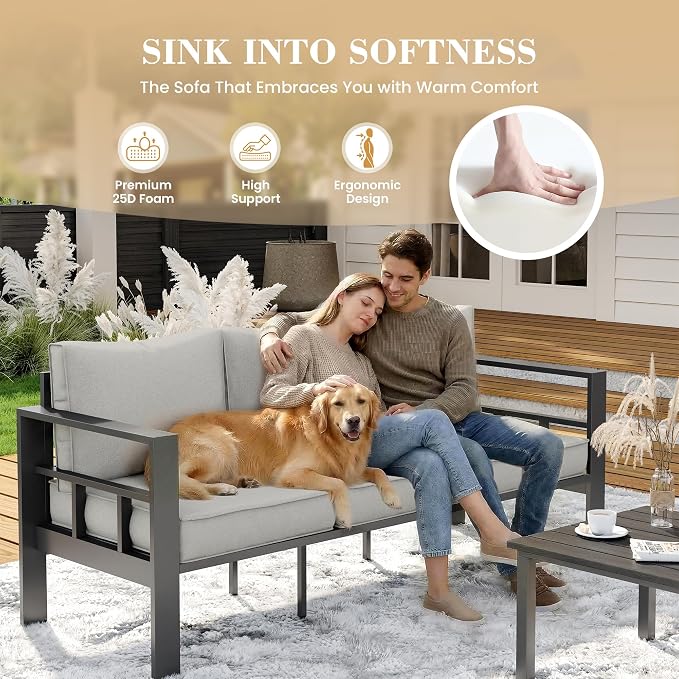 UDPATIO Aluminum Outdoor Furniture Set with Fire Pit Table, 6 Pieces All-Weather & UV-Resistant Patio Sectional Sofa Set for Deck, Backyard, Poolside, Light Gray