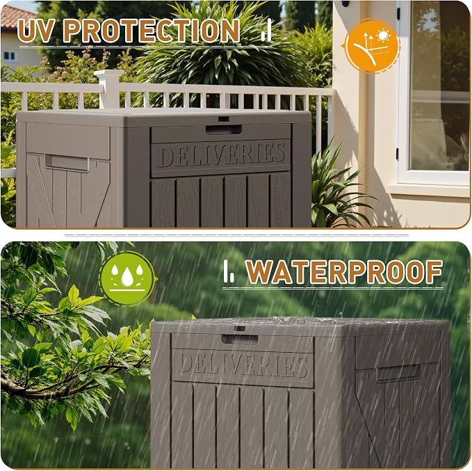 Devoko 48 Gallon Package Delivery Box Outdoor Secure Lockable, Waterproof Deck Box PP Material Storage Container for Porch, Deck (Brown, 48 Gallon)