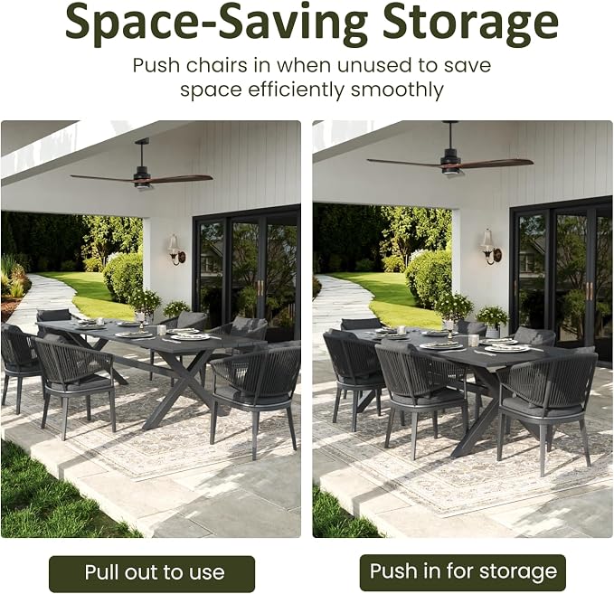 LayinSun 7 Piece Outdoor Dining Table Set, Aluminum Modern Rectangular Dining Table and All-Weather Wicker Chairs Set for Patio Deck Indoor Decor Kitchen