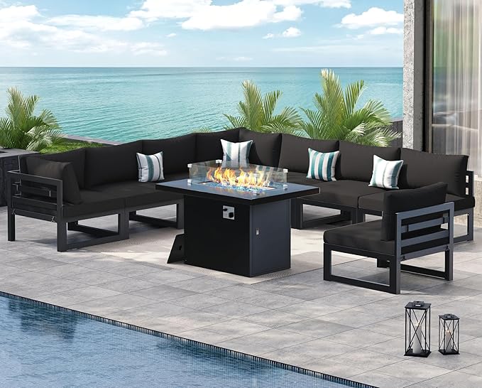 NICESOUL 9 Pcs Large Modern Aluminum Outdoor Patio Furniture Set with Fire Pit Table Propane/Gas, 29" Wide Deep Seat, Fade Resistant Sectional Sofa, 500 lbs Sturdy Conversation Set for Backyard, Black