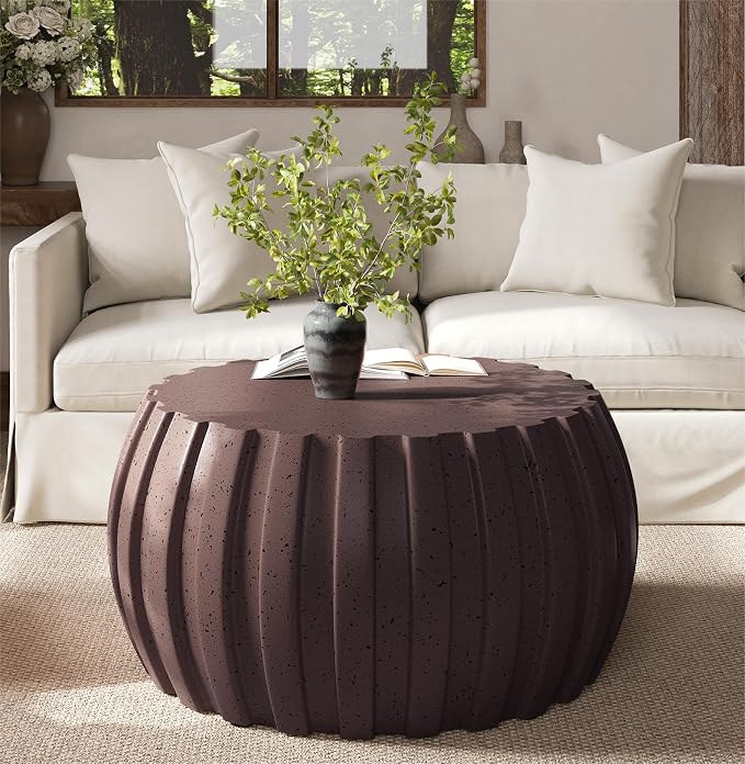 35.43" Round Outdoor Coffee Table - Waterproof MgO Cement Design, Durable Indoor & Outdoor Round Coffee Table for Patio, Garden, Living Room