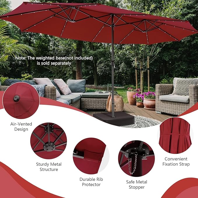 15ft Large Patio Umbrella with 3 Solar panels, 48 Solar LED Lights Base NOT Included, Outdoor Double-Sided Rectangle Market Umbrella with Crank Handle, Perfect for Pool, Lawn, and Garden (Pole Diameter 1.9 inch)