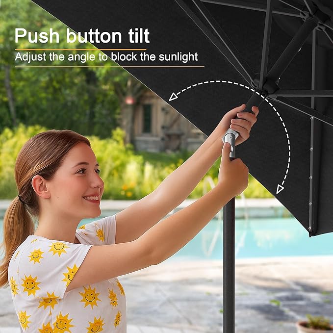 Rectangle Patio Umbrella with Solar Lights, 6x9ft Outdoor Rectangular Table Market Umbrella Patio with Push Button Tilt and Crank for Pool, Deck, Garden,Backyard