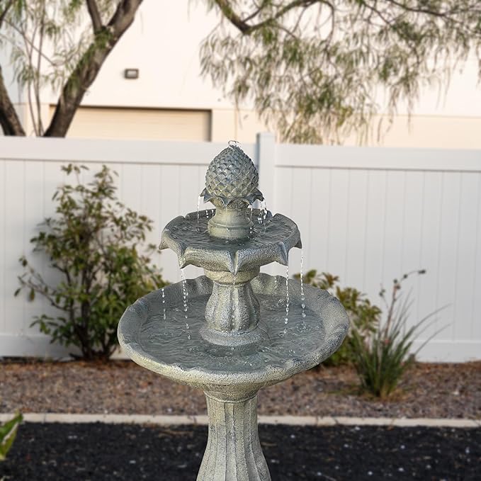XBrand 44" Solar Powered 2-Tier Outdoor Water Fountain, Fiberglass Resin, with Solar Panel and Auto Shut-Off Pump, Brown