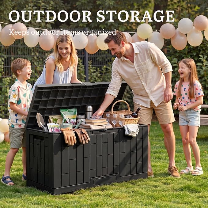 YITAHOME 60 Gallon Outdoor Storage Box, Waterproof Resin Deck Box with Slide-Locking Lid, Patio Storage Bin and Bench Seat for Patio Furniture, Garden Tools and Pool Accessories, Black