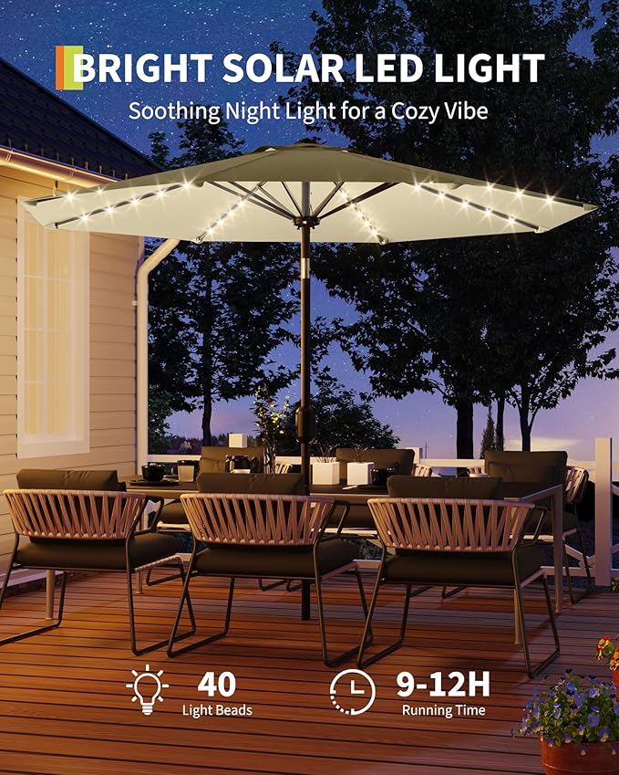 10 ft Patio Umbrella with Solar Lights, Outdoor LED Lighted Umbrella, 40 LED Lights & Tilt Crank, 8 Ribs for Poolside, Deck, Backyard