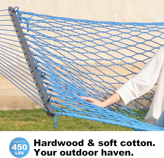12ft Family Hammocks, Handwoven Traditional Cotton Rope Hammock with Hardwood Spreader Bar, Chains and Hooks for Indoor Outdoor, Max 450 lbs Capacity(Lake Aqua, Large)