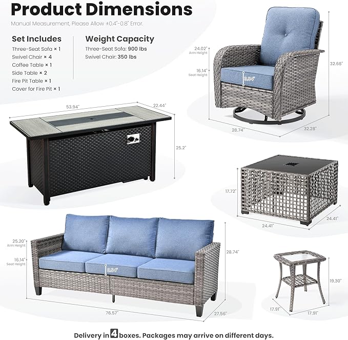 ovios 9 Pieces Patio Furniture Set, Outdoor Wicker Sofa Couch with Rocking Swivel Chairs Fire Pit Table, Modern Deep Seat Rattan Conversation Sets for Deck Porch, Denim Blue