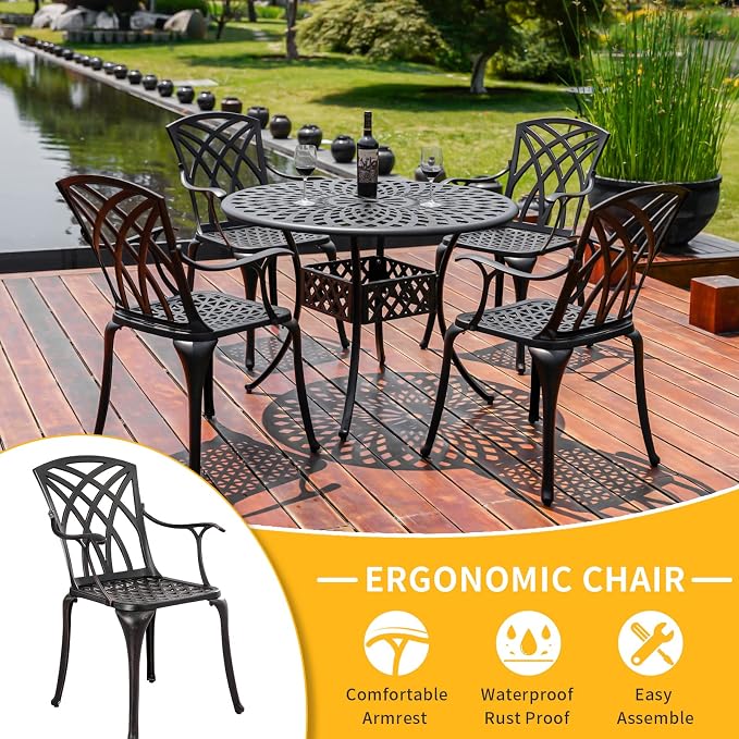 5 Pieces Outdoor Patio Dining Set, Cast Aluminium Patio Furniture Set with 4 Chairs Round Table, Anti Rust Outdoor Dining Set with 1.97" Umbrella Hole for Garden, Porch and Poolside, Bronze
