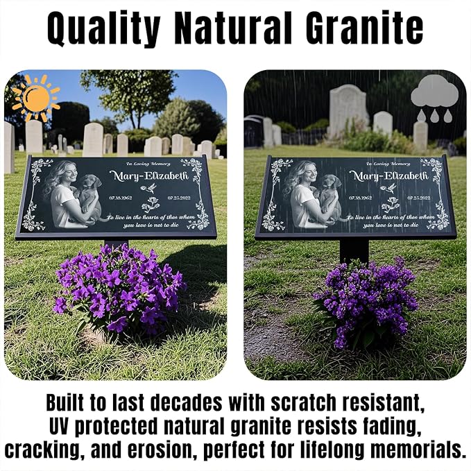 Headstones for Graves - Natural Granite Memorial Stone Custom Tombstones for Grave Stones Temporary Grave Marker for Cemetery for Humans with Photo Outdoor