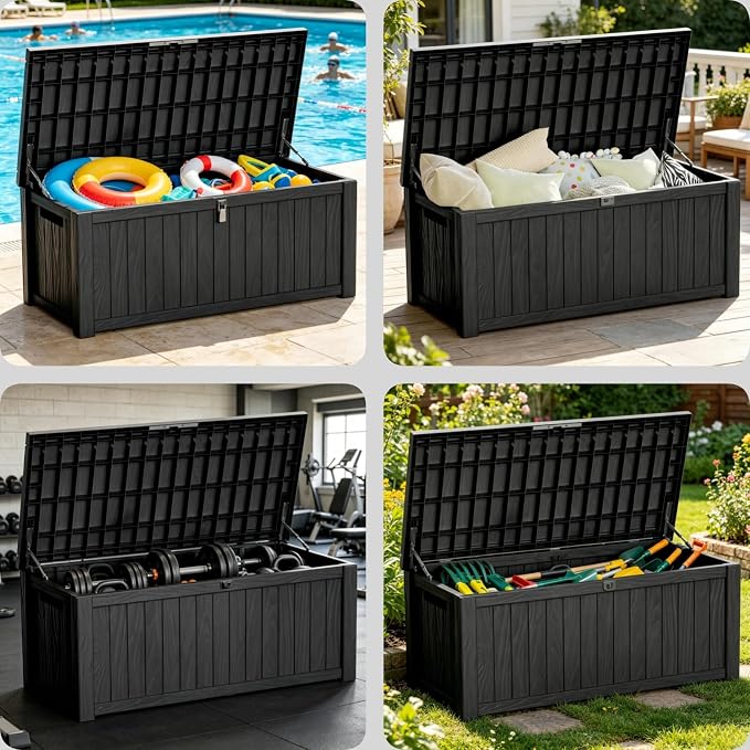 Outdoor Storage Deck Box, Large Patio Container for Garden Tools, Cushions and Yard Accessorie.Lockable Waterproof Resin Weatherproof Storage Container (Black, 150 Gallon)