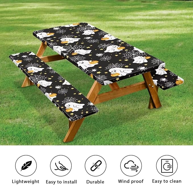 Ghost Table Cover with Bench Covers Washable Rectangle Table Cover Outdoor Patio Camping Essentials Halloween Picnic Table and Chair Decorative Cover