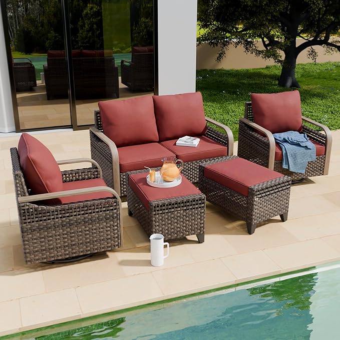 COOS BAY Modern Wicker Outdoor Furniture Set, 5 Piece Patio Conversation Set with 2 Swivel Rockers, a 3 Seat Couch and 2 Ottomans, 5 Piece, Brown/Red