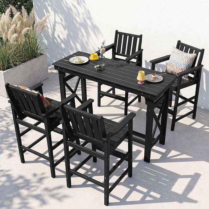 Adirondack Bar Chair Set of 2, All Weather HDPE Counter Height Bar Chair with Wide Armrests & Footrest, Heavy-Duty Outdoor Bar Height Barstools Set for Patio, Balcony, Pool, Backyard, Black