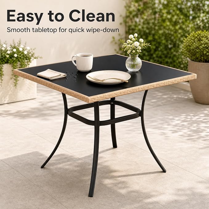 AECOJOY Outdoor Patio Dinning Table for 4, 35.2" Square Rattan Patio Outdoors Tables with Glass Tabletop Rectangular Metal Frame All Weather-Resistant Dining Desk for Lawn Backyard Garden Porch