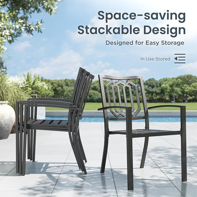 PHI VILLA 5 Pcs Outdoor Dining Set for 4& Round Metal Table | Wrought Iron Circle Table with Umbrella Hole & Stacking Metal Chairs, Modern Furniture Set for Patio, Deck, Backyard, Porch