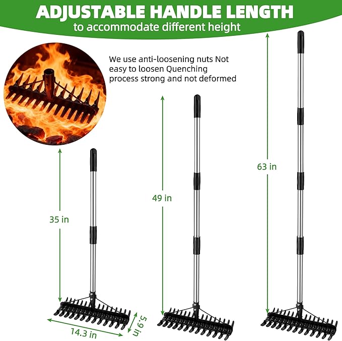 Thatch Rake for Lawns 36-63'' Stainless Steel Adjustable Handle for Dethatching & Aeration Heavy Duty Landscape Garden Leaf Dethatcher Rake for Soil Preparation Upgraded Dual-Action Tines