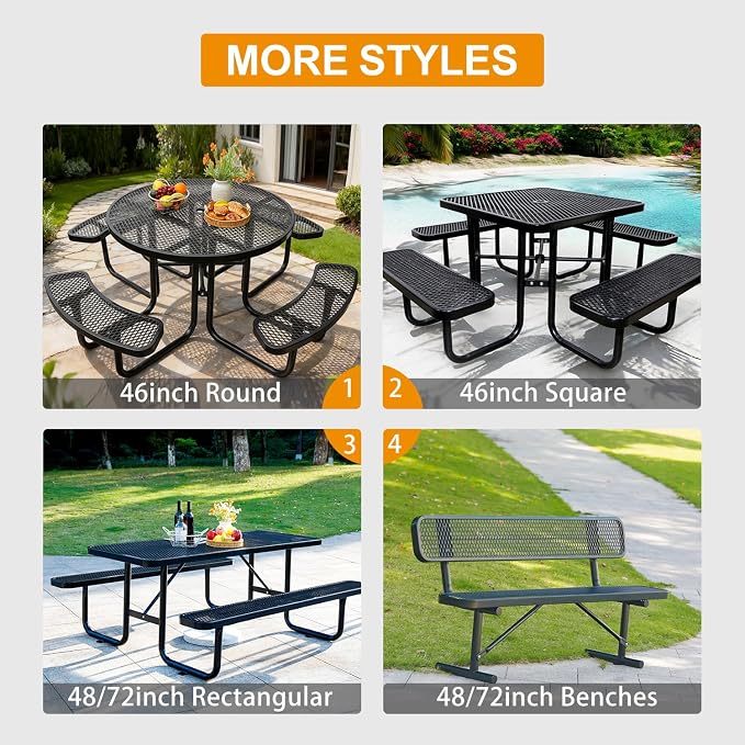 46In Round Metal Picnic Table, Commercial-Grade Heavy Duty Outdoor Furniture, Rust-Resistant Outside Table for Patio, Garden, Playground and Parks (Black)