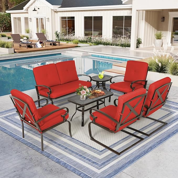 Oakcloud 7Pcs Metal Outdoor Furniture Patio Conversation Set (Loveseat, Coffee Table and Bistro Table, 2 Spring Chair, 2 Dining Chair) -Wrought Iron Patio Chair Set with Cushions (Red)
